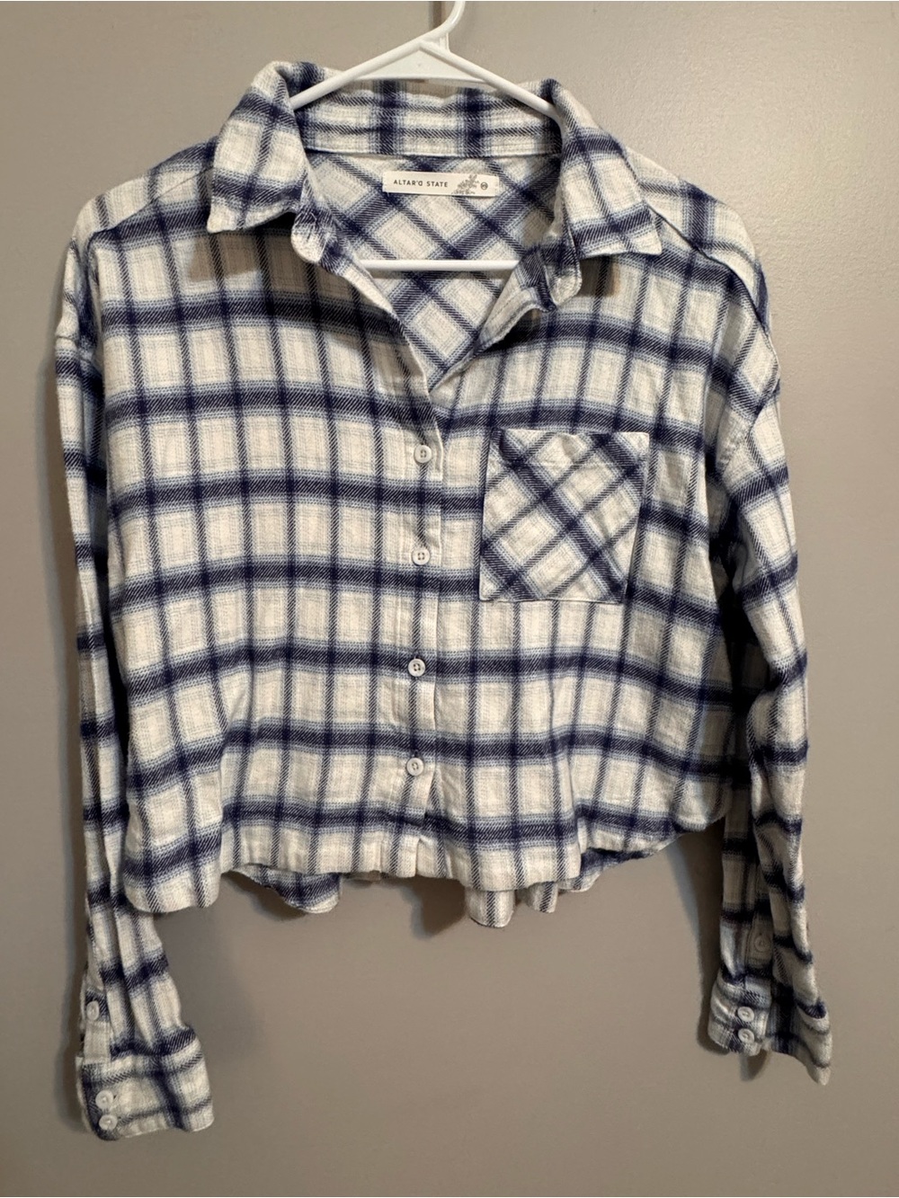 Altar’d State Blue Plaid Cropped Button Front Flannel XS